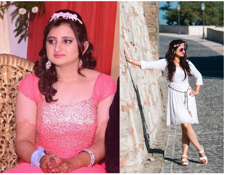 Pari before (left, at her wedding) and now (right, on a trip)